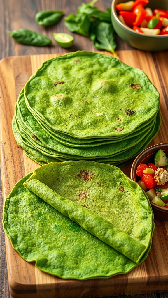 Homemade spinach tortillas stacked on a cutting board with colorful fillings beside them.
